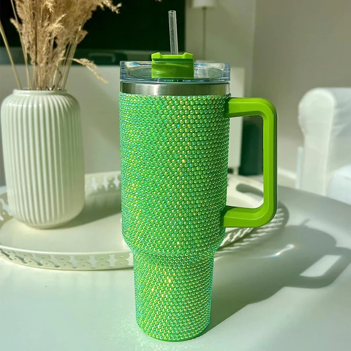 40oz Diamond Handle Tumbler Cow Leopard Printed Modern Tumbler Insulated Cup Reusable Stainless Steel Water Bottle Travel Mug