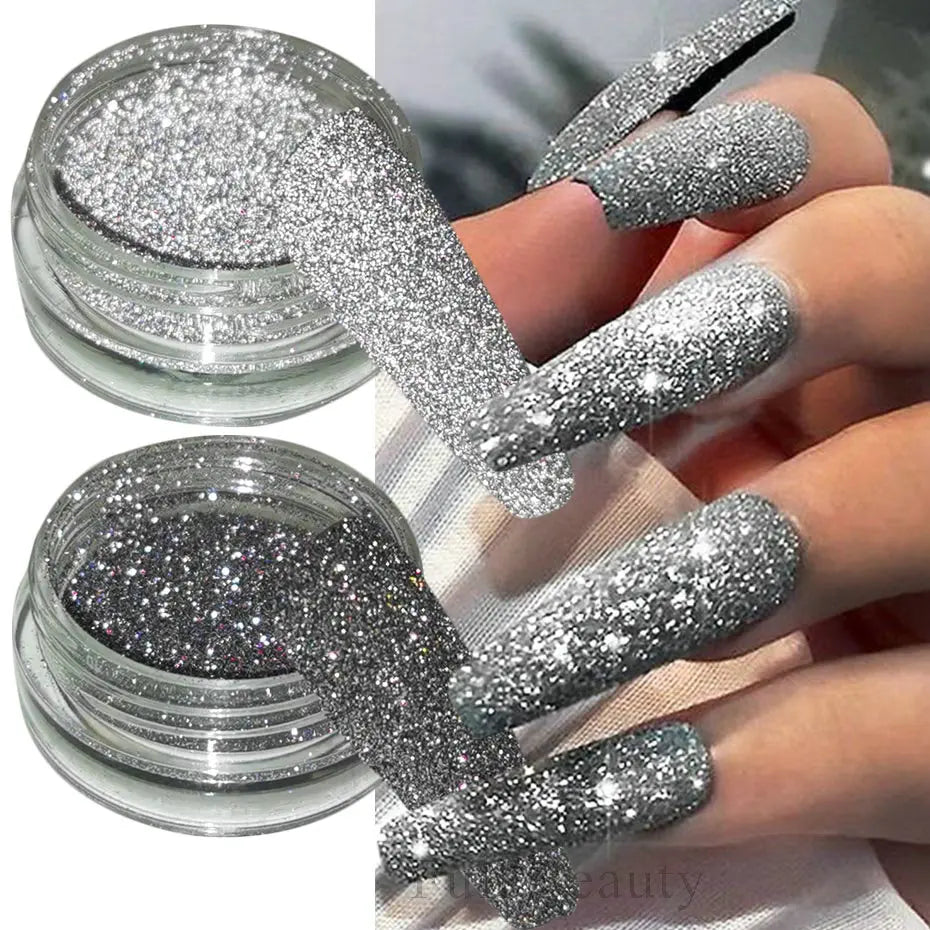 1Box Sparkling Diamond Nail Powder Laser Silver Reflective Glitter Sequin Shiny Nail Art Dipping Powder Holographic Dust NFSZF