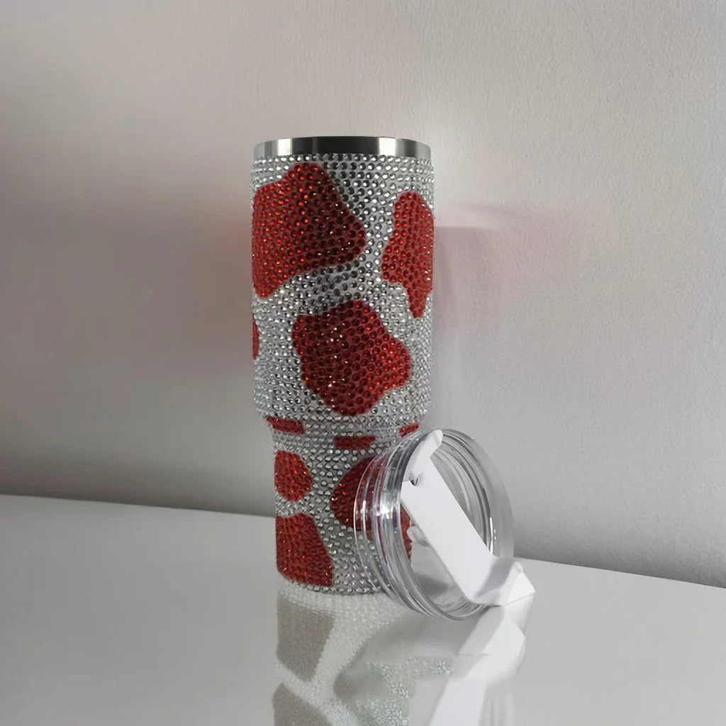 40oz Diamond Handle Tumbler Cow Leopard Printed Modern Tumbler Insulated Cup Reusable Stainless Steel Water Bottle Travel Mug