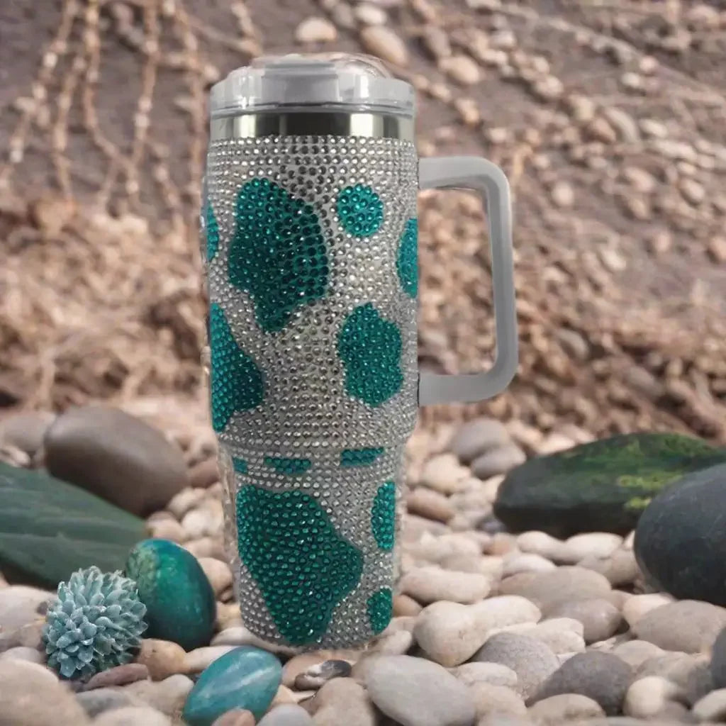 40oz Diamond Handle Tumbler Cow Leopard Printed Modern Tumbler Insulated Cup Reusable Stainless Steel Water Bottle Travel Mug
