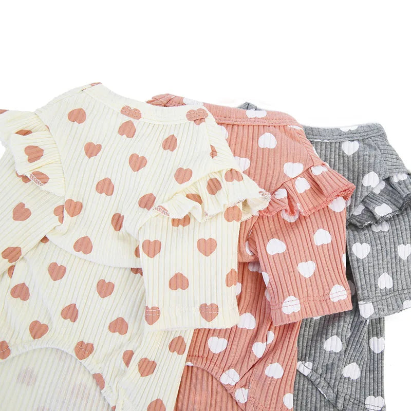 Pink Beige Gray Cotton Pet Clothes Warm Hoodies Tshirt Heart Pattern O-neck Lace Short Sleeve Sweater Sweatshirt For Small Dogs